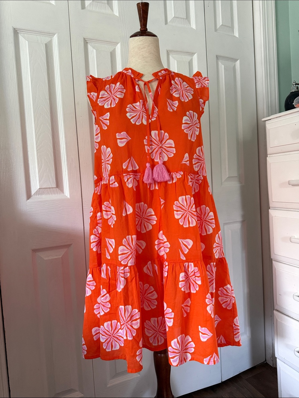 NWT J. Crew Cotton Orange Floral Tiered Dress with Pink Tassels Sz S